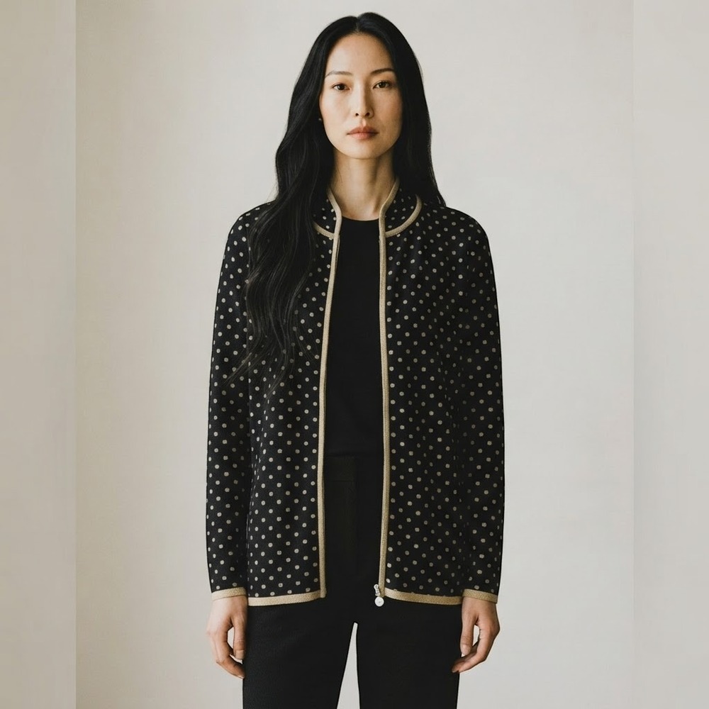 Misook Gold and Black Polka Dot Cardigan Sweater With Shoulder Pads Size Small‎